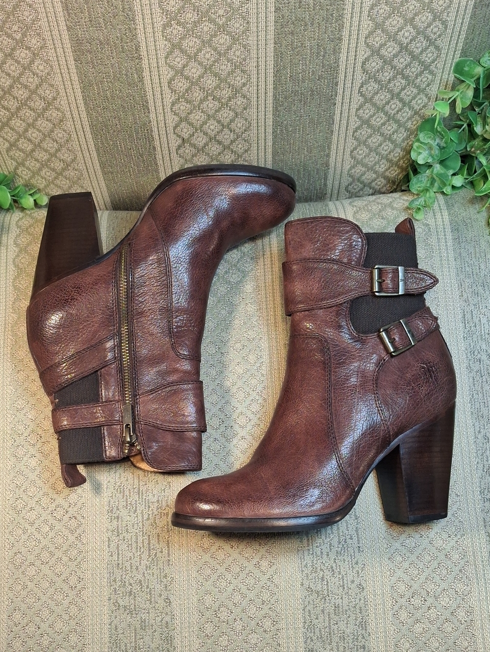 Frye Distressed Leather Heeled Ankle Bootie with Buckle Detail - Picture 4 of 14